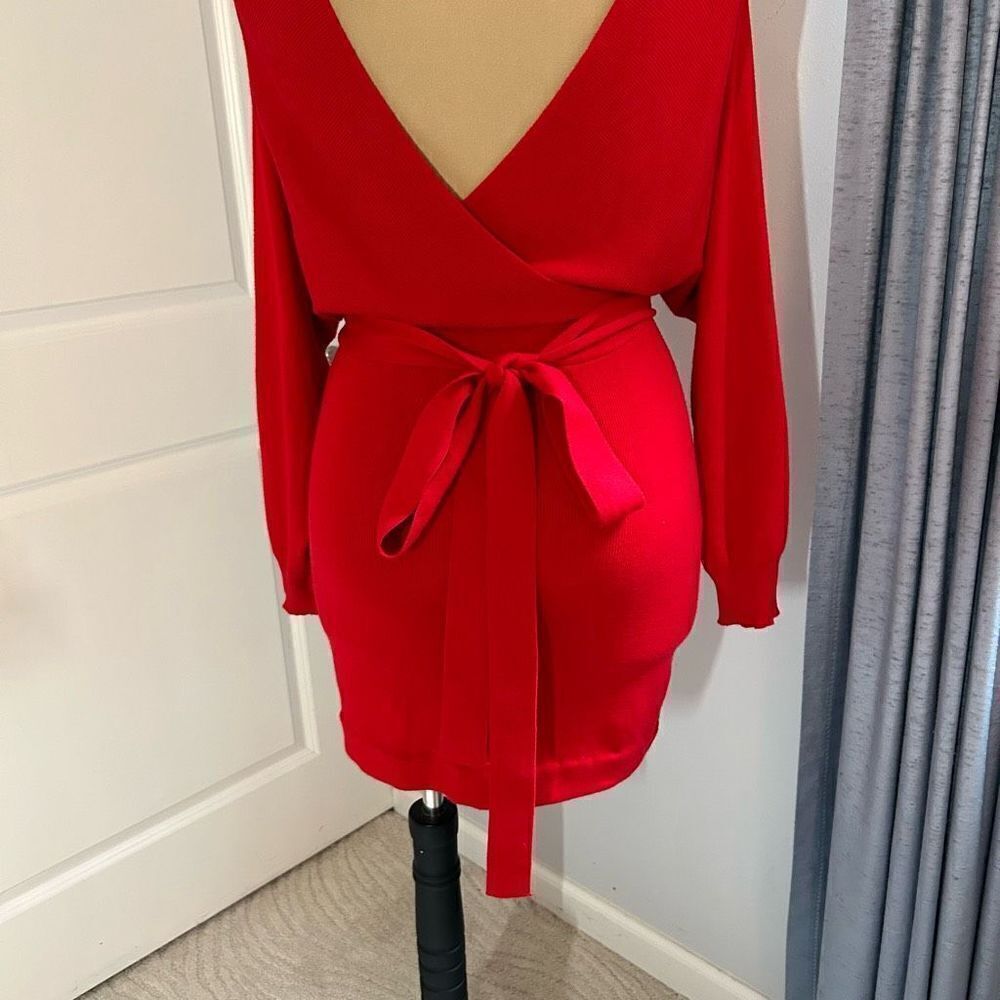 Women’s Red Long Sleeve Mini Wrap Dress - Picture 6 of 8